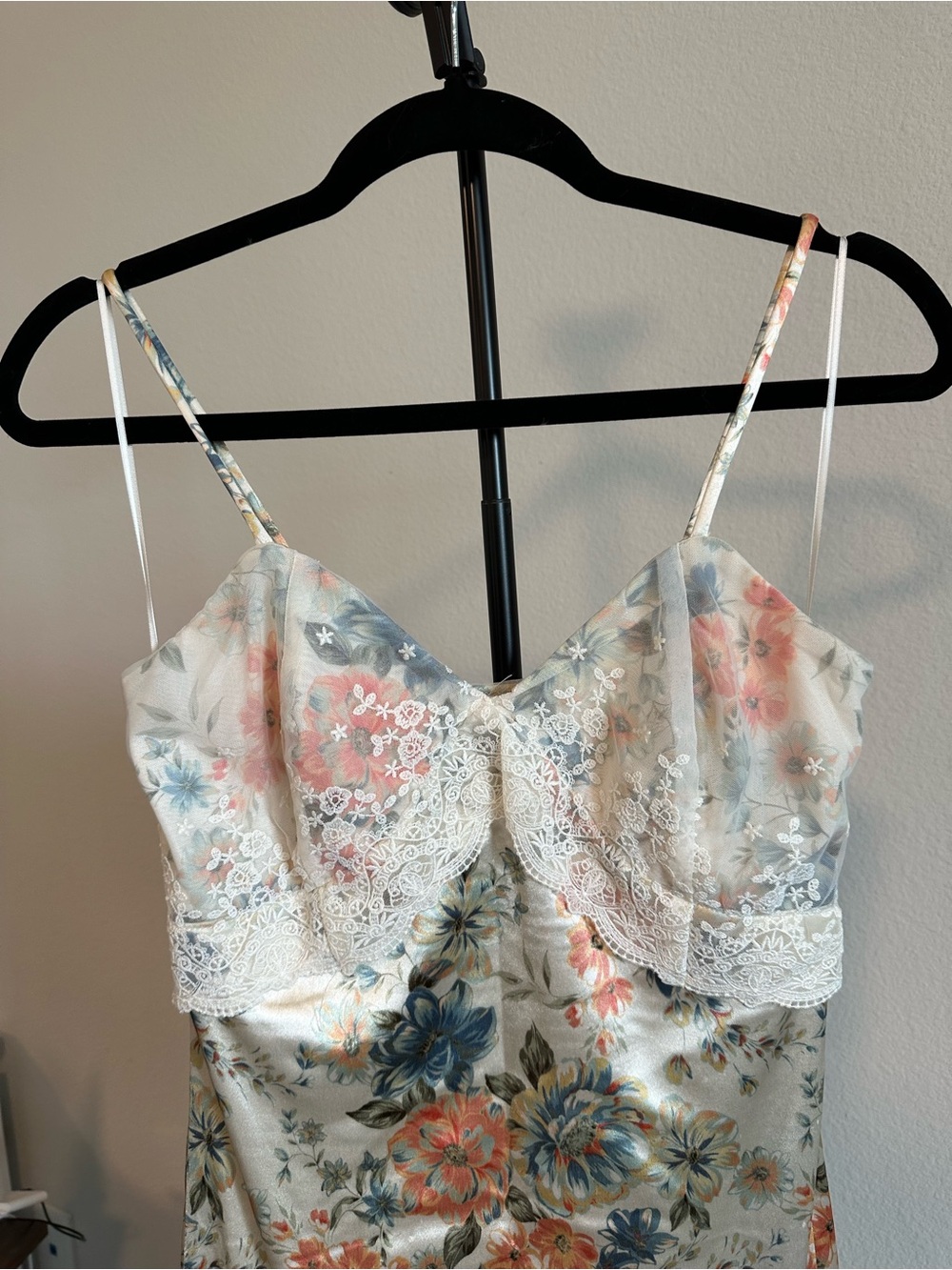 Fourteenth Place Floral Lace-Trim Slip Dress in Cream with Blue & Coral Blooms
